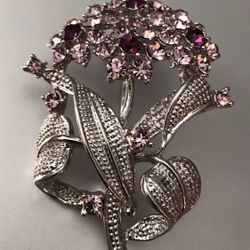 Vintage Flower Bouquet Pink Purple Rhinestone Silver Tone Brooch Large!