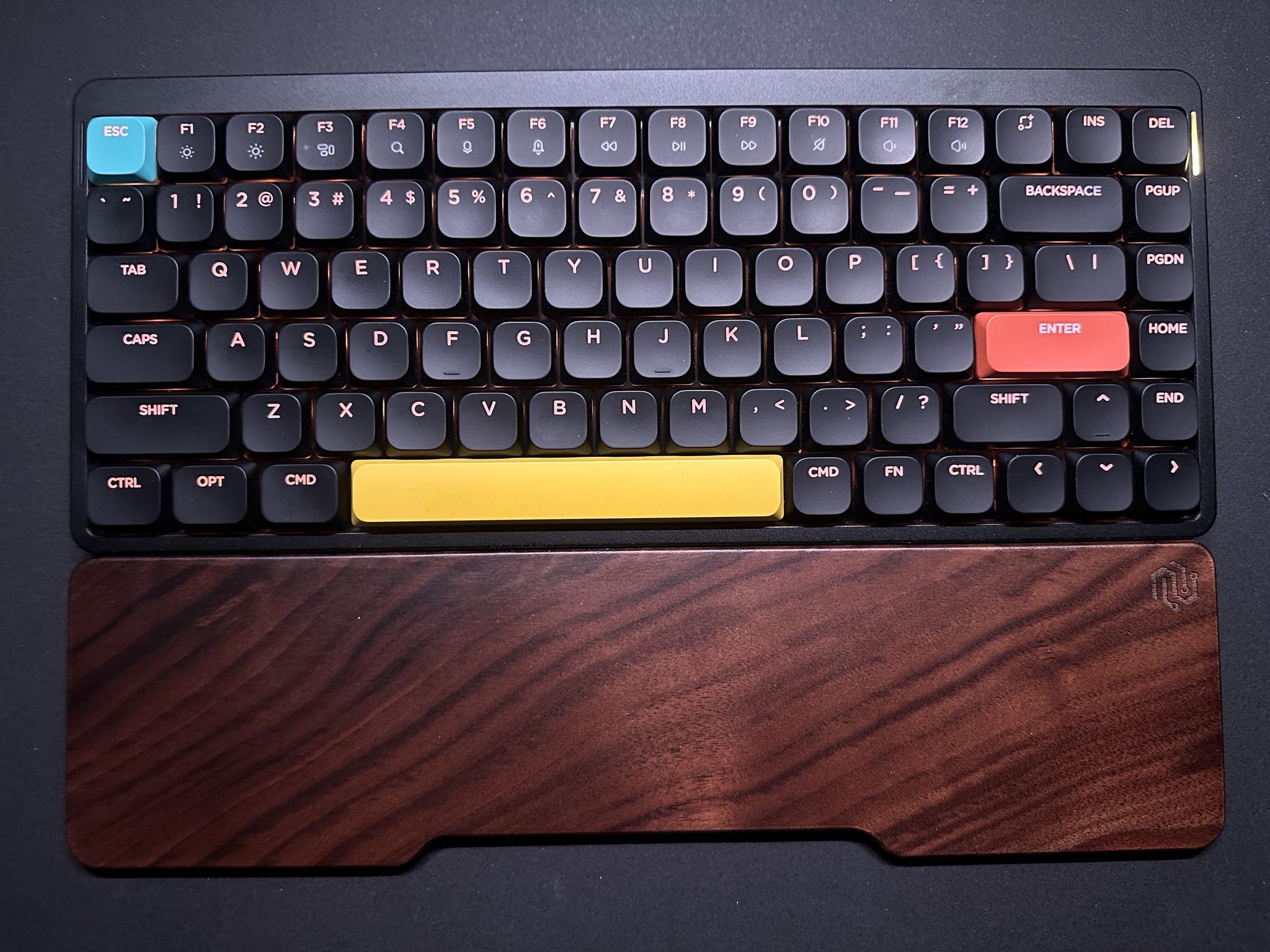 Nuphy Air75 V2 Keyboard With Walnut Wrist Rest. Comes With Red Silent And Brown Switches