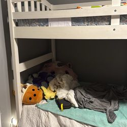 Full White Wood Bunk Bed With Stairs And With Floor Drawers