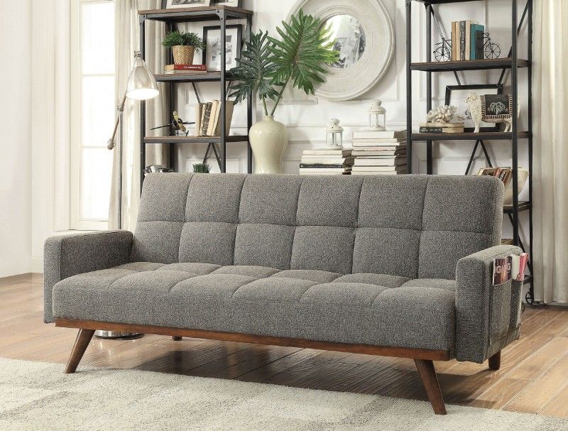Brand New Gray Mid-Century Modern Futon Sofa Converts Into Bed