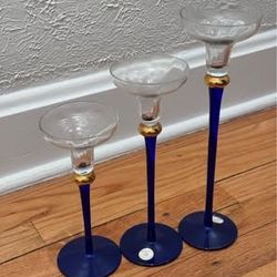Romanian Crystal Clear Cobalt Blue Candle Holders (Set of 3)