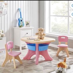 Kidzilla Activity Kids Table and 2PCS Chairs Set with Center Storage Bin for Boy Girl, Pink/Beige