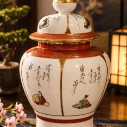 Beautiful Asian-style porcelain ginger jar featuring hand-painted figures and calligraphy with gold accents and a decorative lid.  This piece has a cl