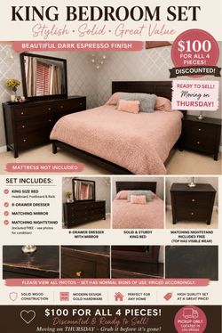 King Bedroom Set – Solid Wood | Dresser, Mirror & Nightstand Included