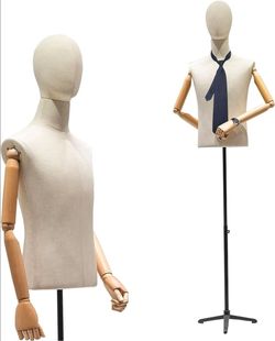 Male Mannequin Dress Form with Head, Adjustable Wooden Arms & Stand – New