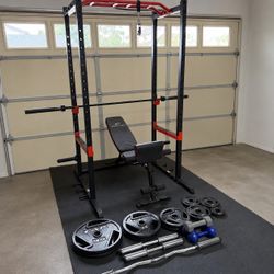 Power Rack Home Gym Set with Bench, Weights & Barbell
