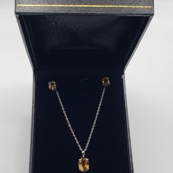 1.68 CT Citrine Quartz Sterling Silver Pendant 18" Chain and Earrings