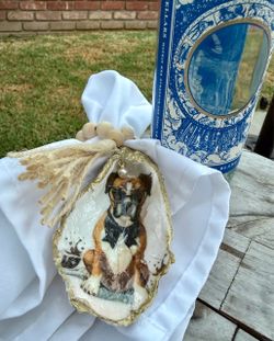 Handmade oyster shell ornaments- boxer dog/ host hostess gift
