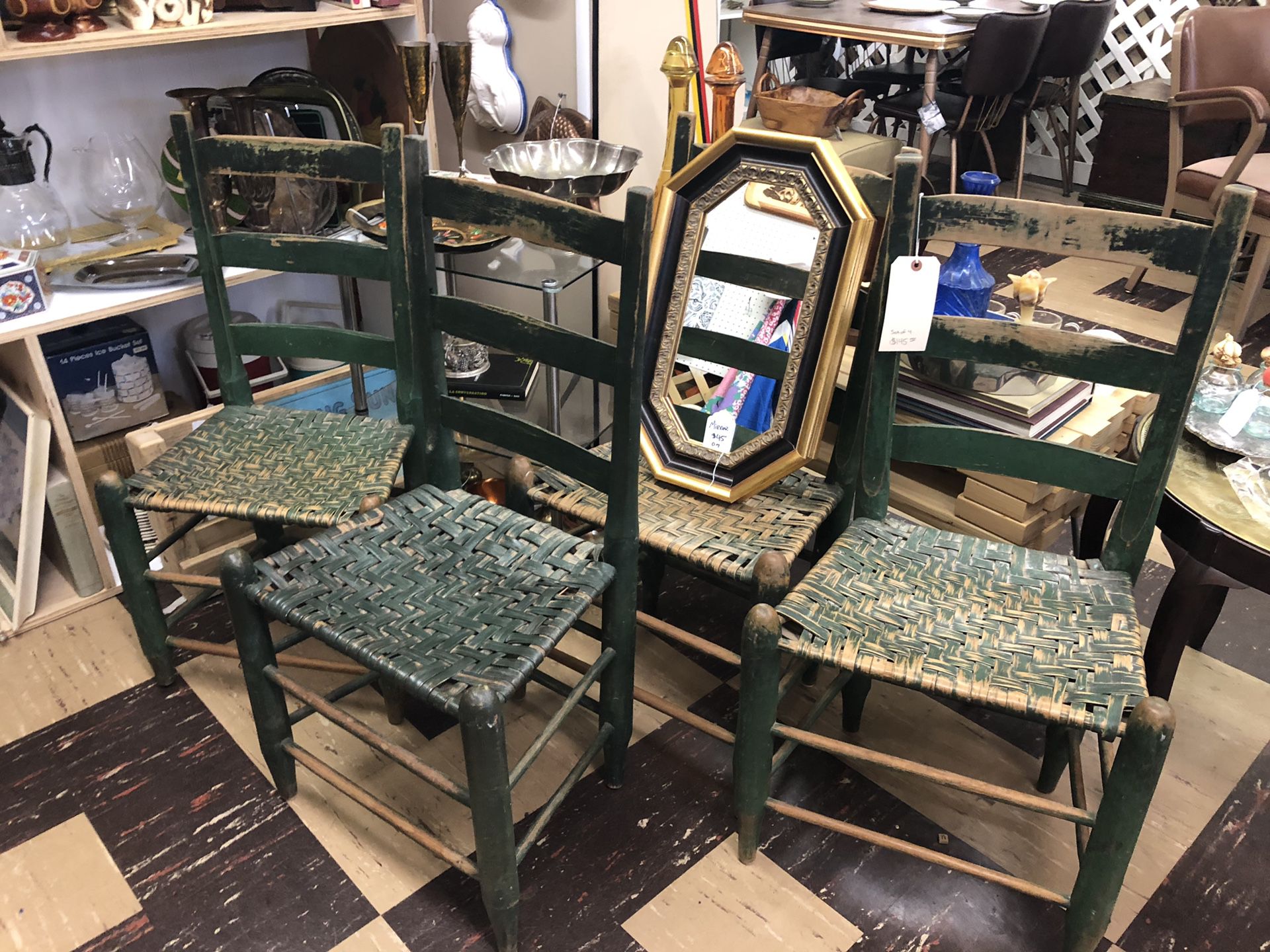 Antique Farmhouse Chairs Set Of 4 Green Ladder Back Woven Vintage
