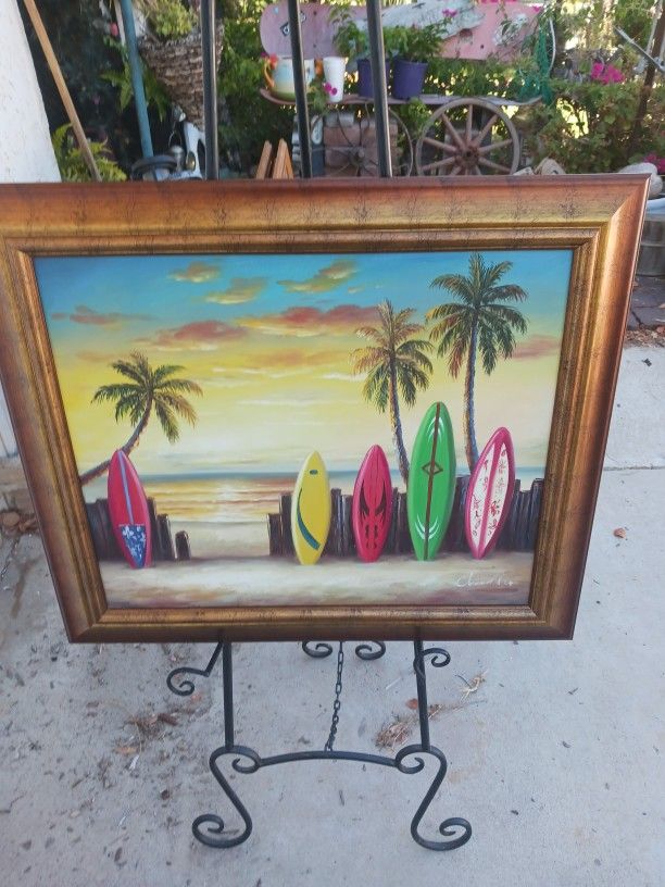Framed 20th Century Surfboards At Beach Signed Oil On Canvas Painting