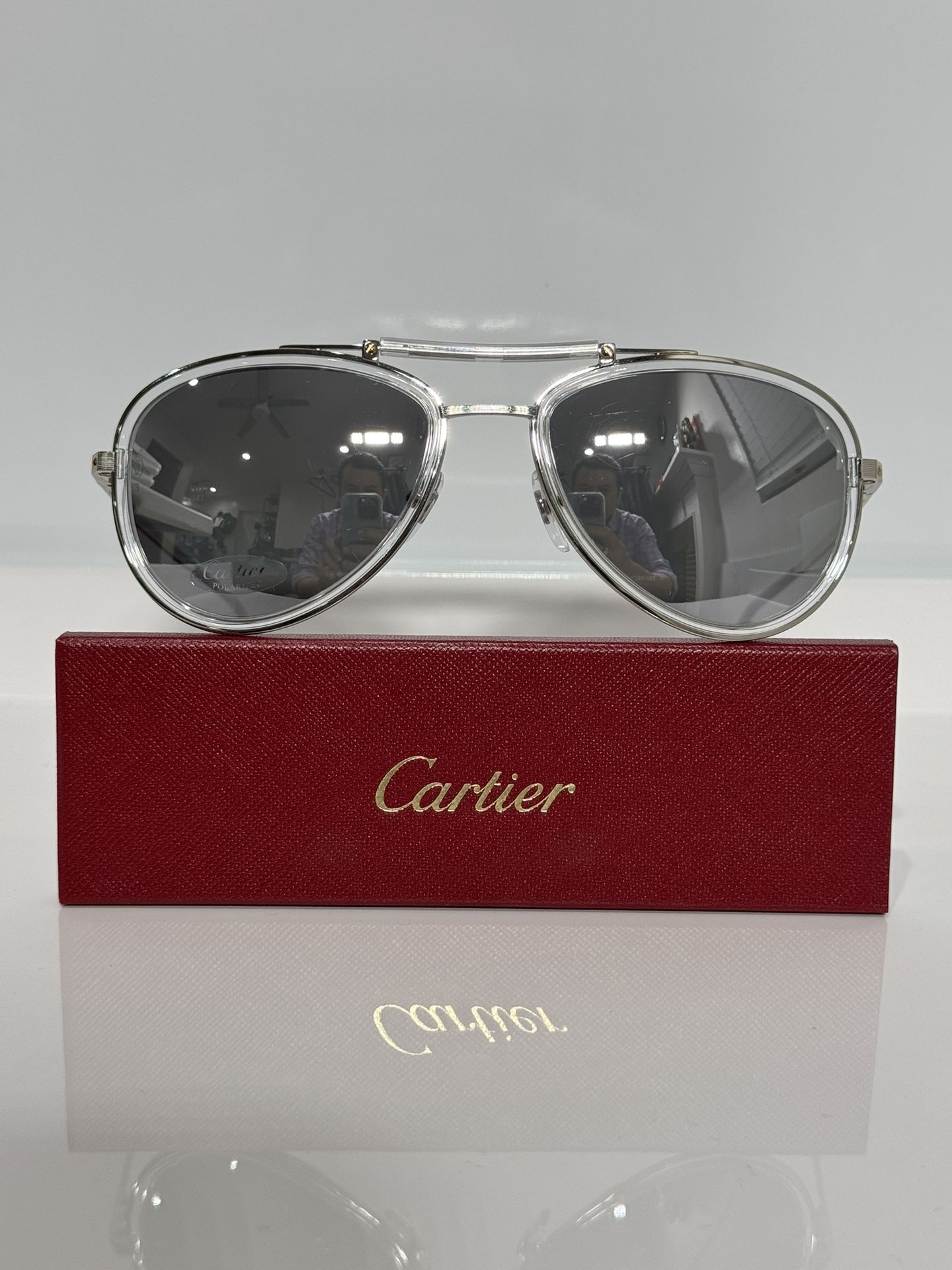 Cartier CT0078S 002 Silver Unisex Aviator Metal w. Silver Mirror Sunglasses 58mm