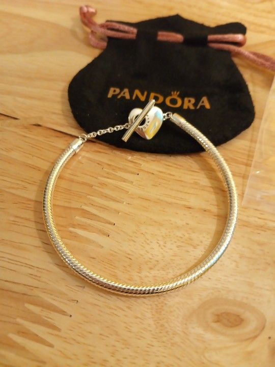 Pandora Brand New Authentic Sterling Silver 7.5 Inch Heart T- Bar Bracelet With Pouch 