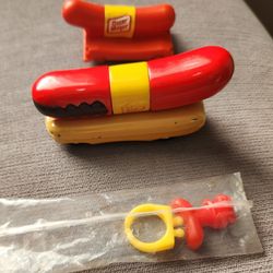 Lot of 3 Vintage Oscar Mayer Wienermobile Toys-Hot Wheels, Ring, Wiener Whistle