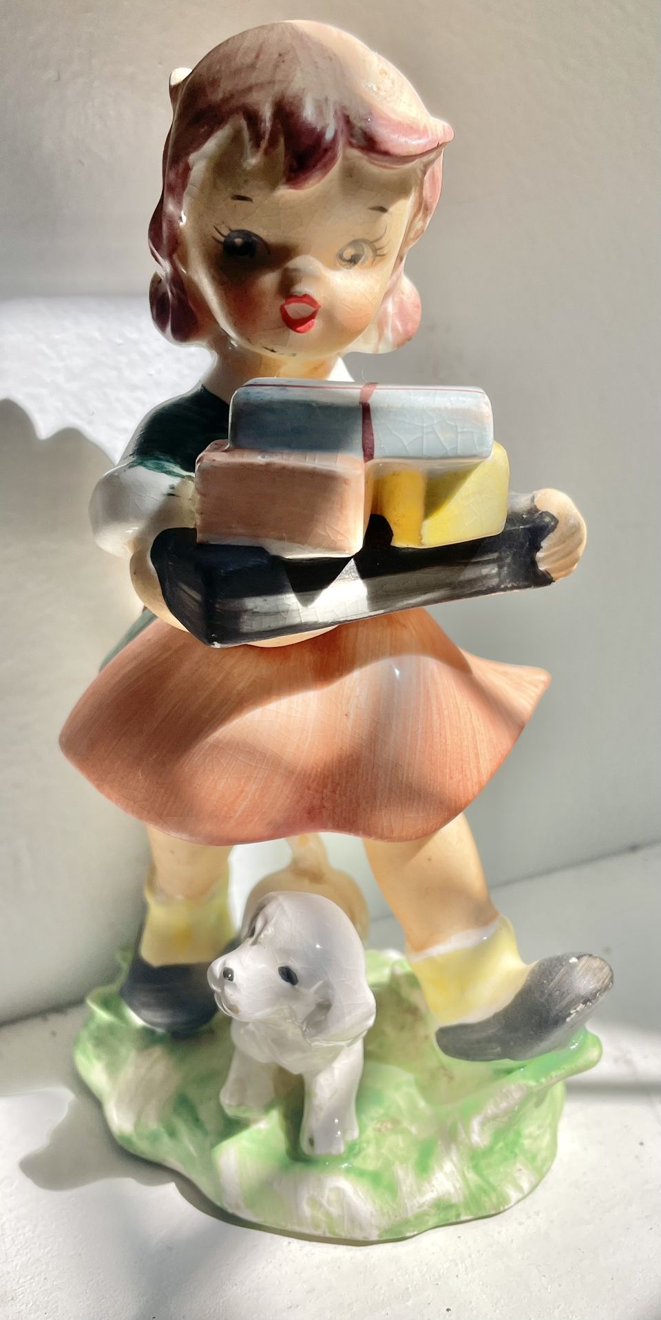 Vintage - Handpainted Tilso-Japan - 5.5”T Figurine - A Little Girl and Her Dog Carrying Packages
