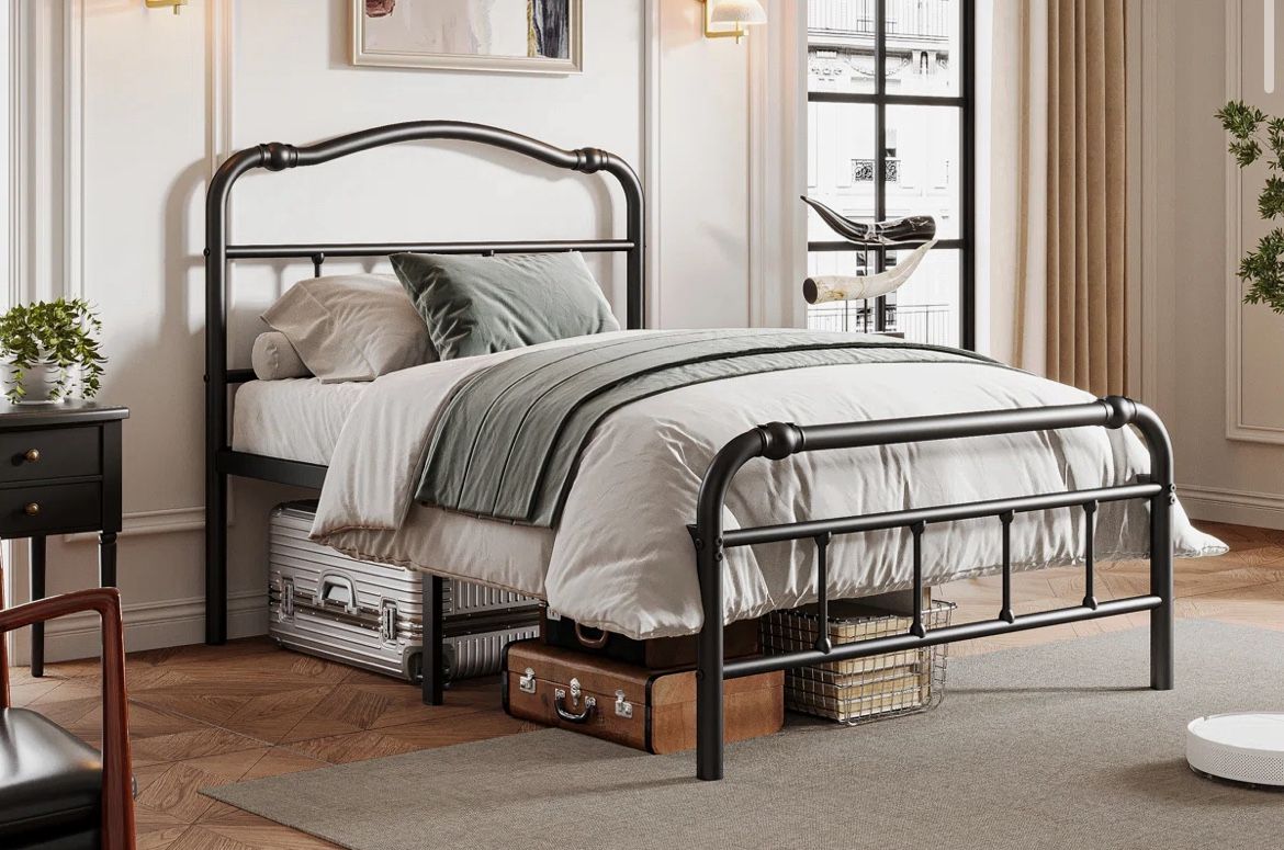 Ashwyn Heavy Duty Steel Slat Bed Frame with 18" High, Vintage Style, Anti Sway and Squeak Resistant,All Products : American Fashion Style Bags On Sale
