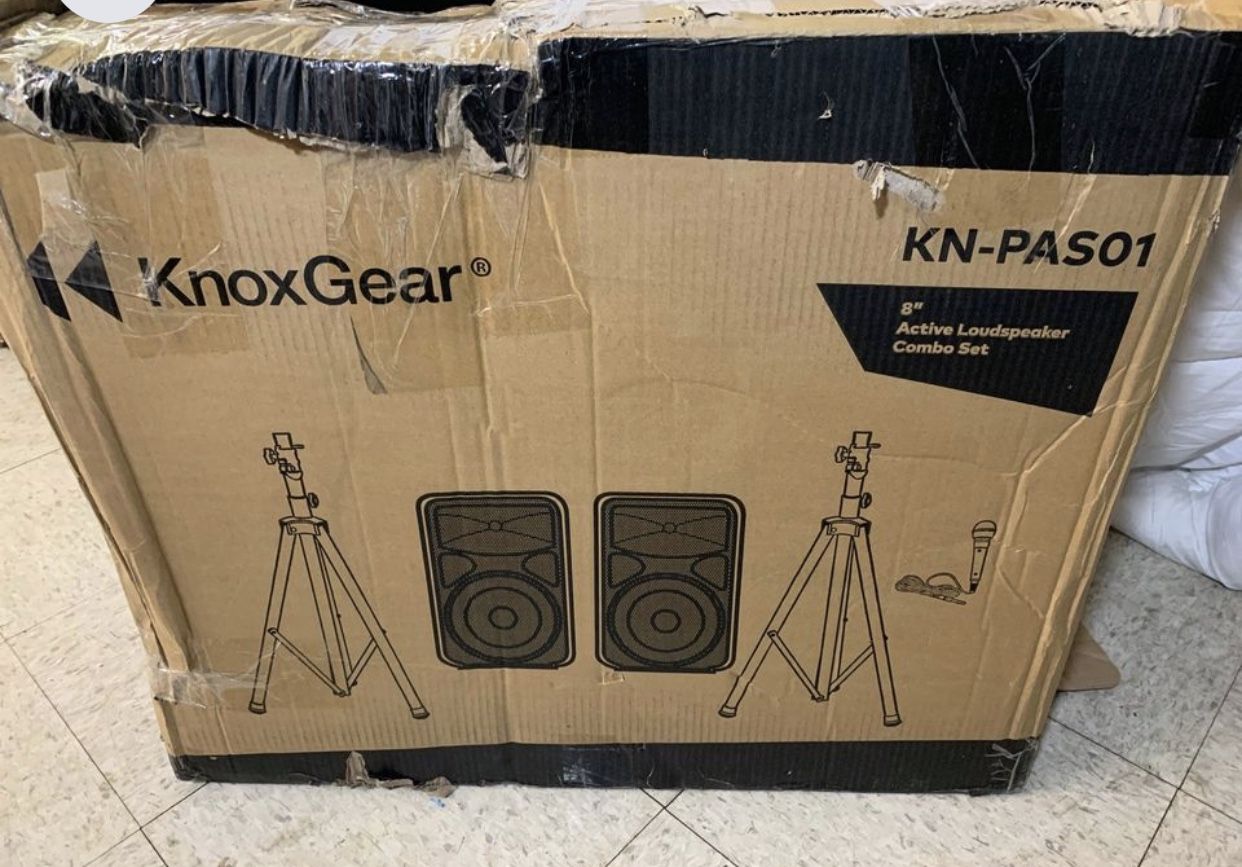 Knox Dual Speaker and Mixer Kit 8” 300 Watt DJ PA System with Wired Microphone, and Tripods
