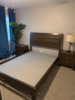 Dark Brown Wood Queen Bed Frame with Nightstands