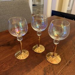 (3) Vintage Iridescent Wine Glasses Gold Stem Base Set of 3 Art Glass 7.25”