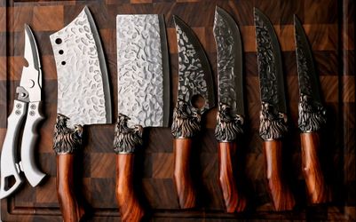 7pcs Set, Hand Forged Knives Professional Kitchen Chef Knife Set, Stainless Steel Chef Knife Replaceable Blade Knife Boning Knife Cutter Fish Knife Bu