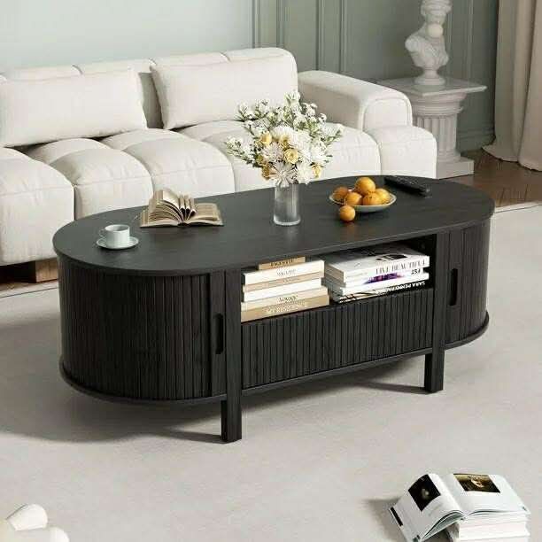 Coffee Table with Storage, Tambour Sliding Door, Open Shelf, Mid Century Modern Center Table with Drawer for Living Room, Black