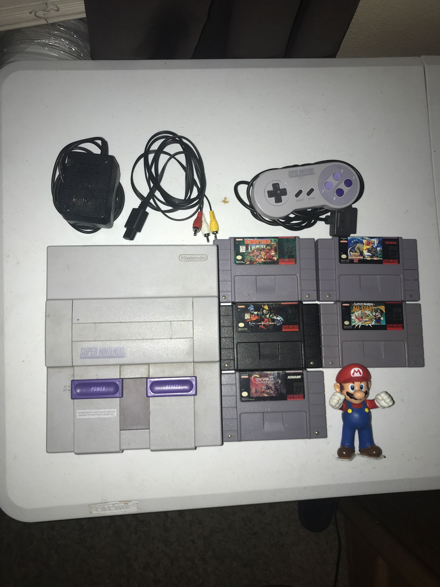 Super Nintendo Bundle with cables, 1 controller, and 5 Games (Mario, Donkey Kong, Contra)