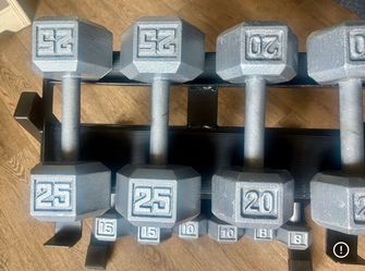 In NEW Condition Set Of Cast Iron Hex Dumbbells 8s, 10s, 15s 20s  And  25s. Total: 156 lbs [ RACK NOT INCLUDED]