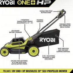 RYOBI ONE+ HP 18V Brushless 20 in. Cordless Battery Walk Behind Self-Propelled Lawn Mower w/ (2) 4.0 Ah Batteries and Chargers