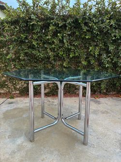 1960s Vintage MCM Chrome Dining Table With Geometric Octagon Glass Top