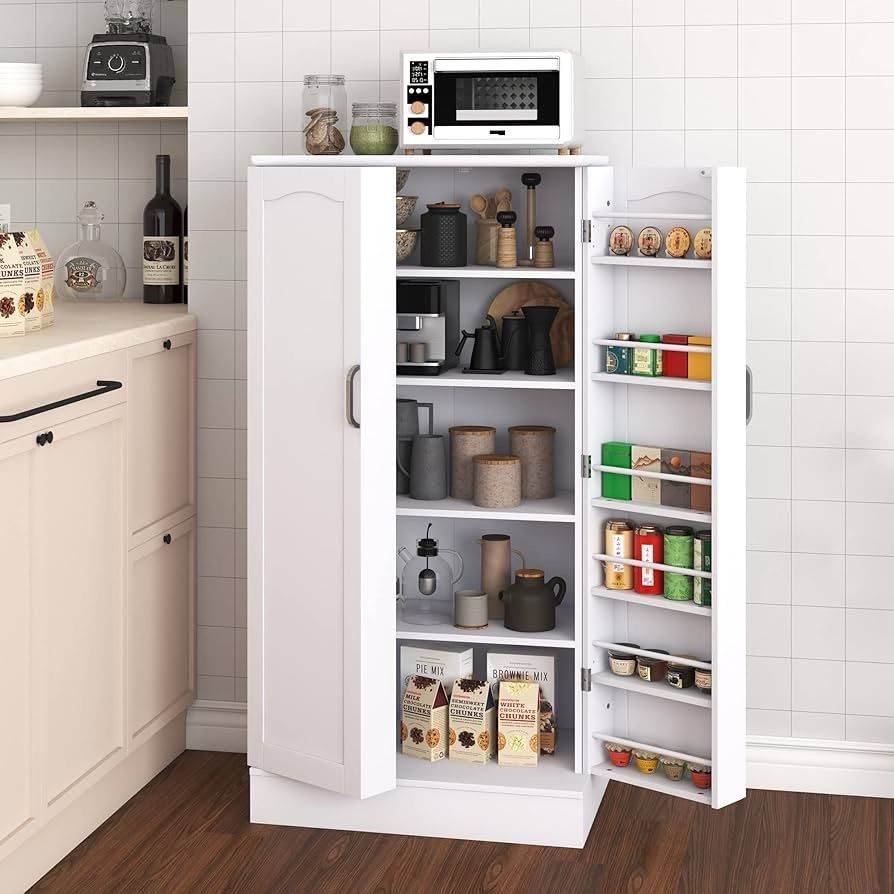 47” Kitchen Pantry Cabinet, White Freestanding Buffet Cupboards Sideboard with Doors & Adjustable Shelves, Kitchen Pantry Storage Cabinet ,White