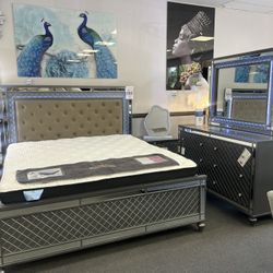 4PC Gray King Bedroom Set w/ LED Lights 