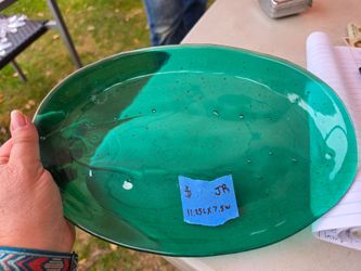 Hand Blown 3D Art Bubble Glass Fish Tray Platter 11" Emerald Green