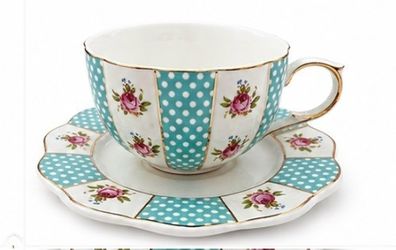 Vintage Floral Polka Dot Tea Cup & Saucer Set – Gold Trim