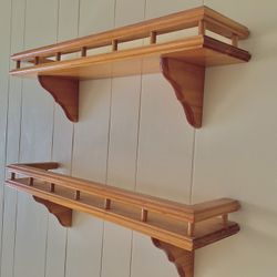 2 Wall-Mount Wood Shelves w/ Railing Spice, Knick Knack etc. Display 23” Long Lacquered Finish