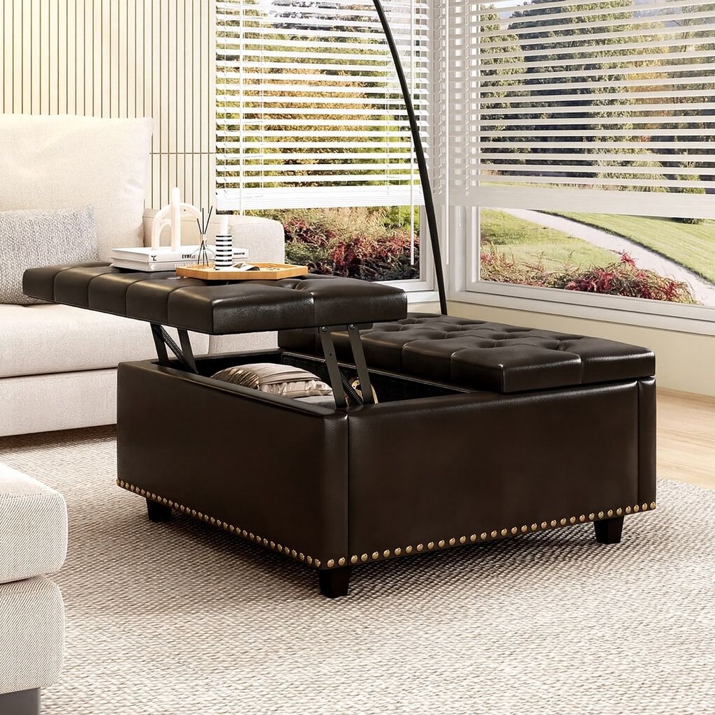 32β Lift-Top Ottoman w/ Storage β Tufted Leather Style (DARK BROWN)