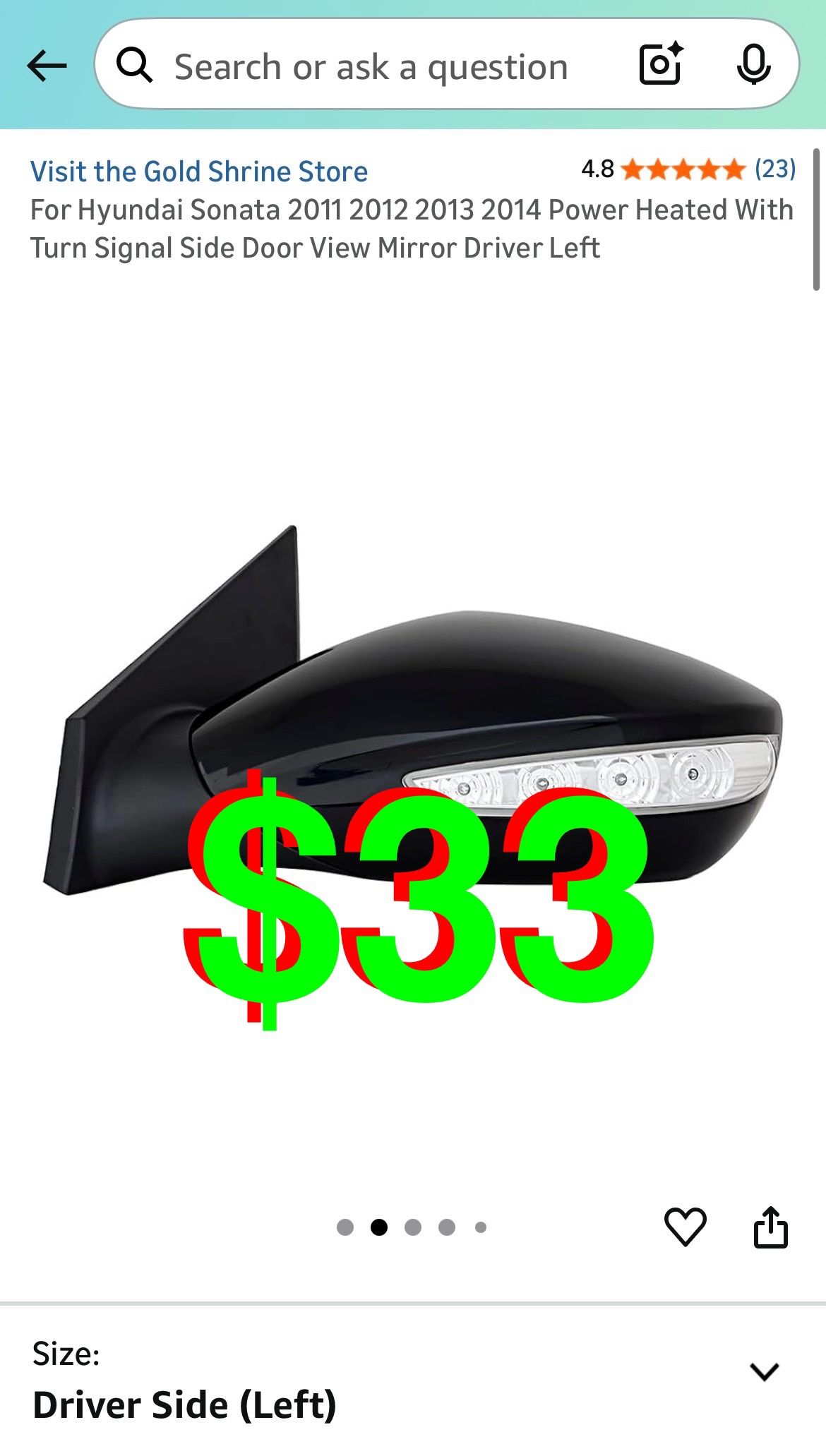 Gold Shrine - For Hyundai Sonata 2011 2012 2013 2014 Power Heated With Turn Signal Side Door View Mirror Driver Left Side.