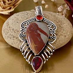 Norina Jasper And Garnet 925 Sterling Silver Overlay Hand Crafted Pendant