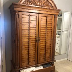 NOW $300 Wood Armoire/linen Closet With Carved Top And Mirrors. 