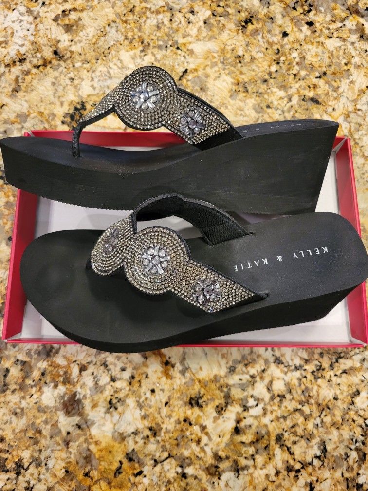 Black Rhinestone Wedge Sandals, Size 9