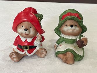 Pair of vintage HOMCO ceramic Christmas bear figurines. 3”-3.5” tall