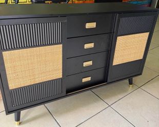 47” W Large Rattan Sideboard Buffet Cabinet with 4 Drawers and 2 sliding Doors, Boho Long Credenza