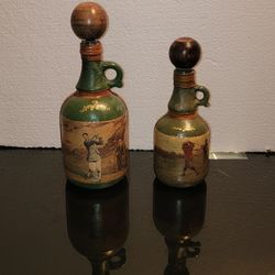 2 FAUSTO CORDURI BOTTLES GULF LEATHER.WRAPPED 9 /11 DECANTER MADE IN ITALY 1960S VINTAGE 