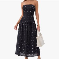 Size M Women's Strapless Tube Polka Dot Dress Flowy Vintage Drop Waist Maxi Vacation Cocktail Dress Wedding Guest Dresses