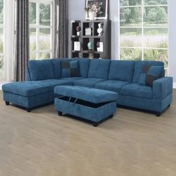 New Blue Flannel Sectional Sofa W/ Ottoman And Pillows  Brand New In Boxes
