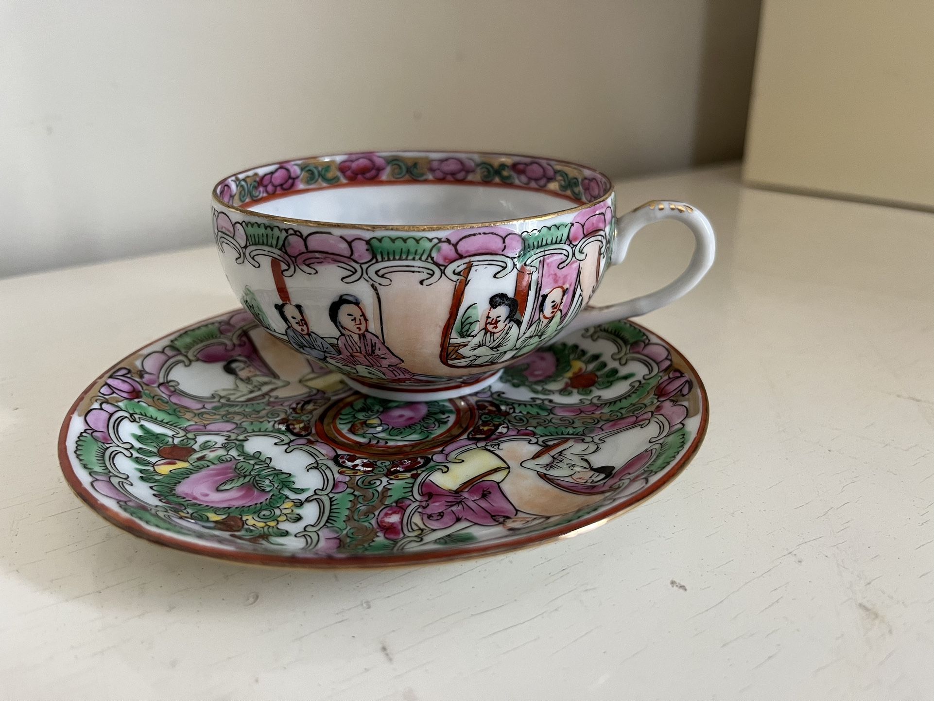Vintage Eggshell Porcelain Tea Cup And Saucer Rose Medallion 