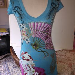   Christian audigier  Tonic Fancy Shirt or mini dress  Turquoise With Multi Color Pattern Gaisha Fan Flowers Diamond  Size L