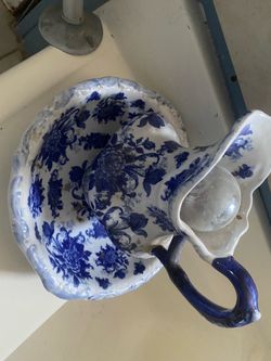 Blue and White Floral Ceramic Pitcher and Basin