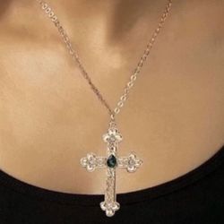 Gold Cross Necklace With Green Detail 