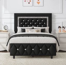 Black Velvet Upholstered Bed Frame with Crystal Tufting