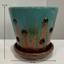 Turquoise & Copper Drip Painted Fire Glazed Clay Orchid Pot