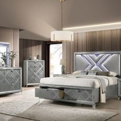 Brand New Grey King Size 6pc Bedroom Set w LED Lights 